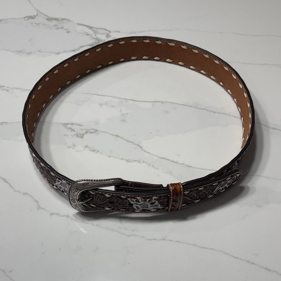 Nocona Brown and Silver Floral Embossed Belt - Picture 2 of 14